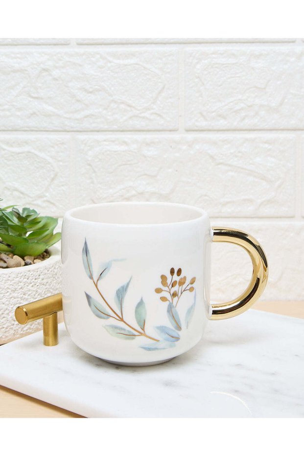 White Floral Mug With Gold Handle