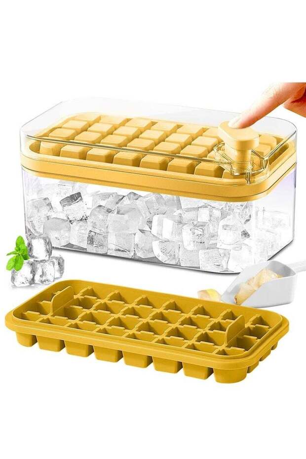 2-Pack Ice Cube Tray with Lid, 64 Moulds for Refrigerator, Yellow with Ice Scoop