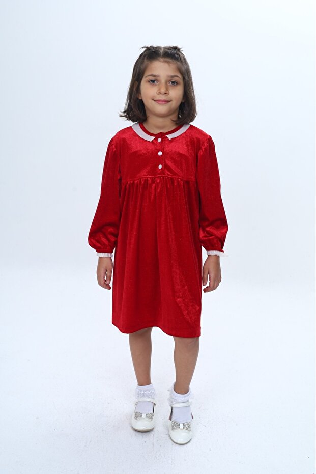 Girl's Collar Buttoned Ruffle Dress
