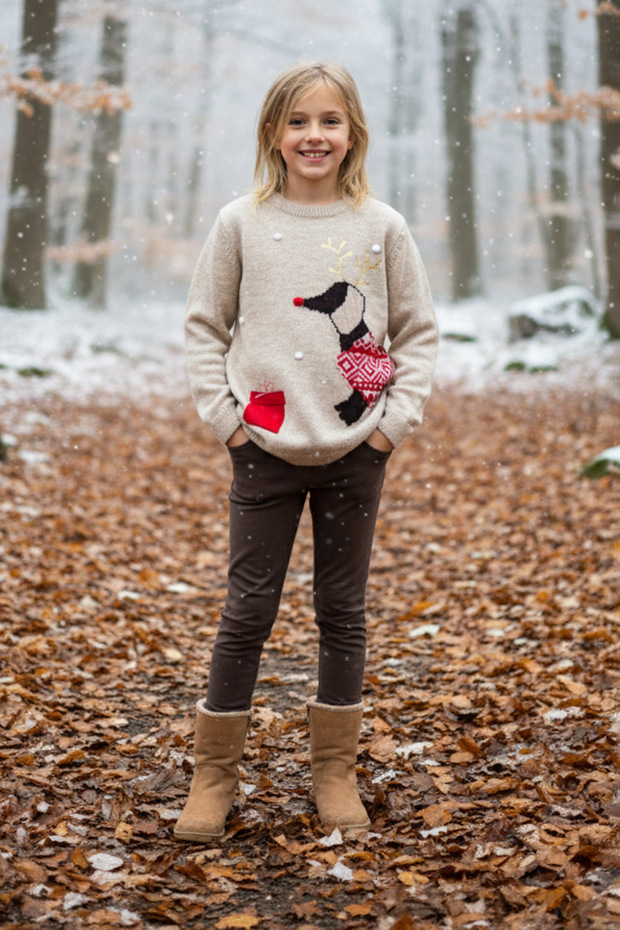 Deer Patterned Girl's Knit Sweater
