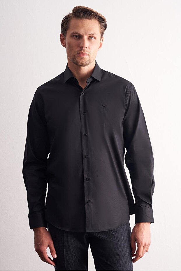 Black Half Italian Collar Long Sleeve Premium S Slim Fit Cotton Shirt 1004255198