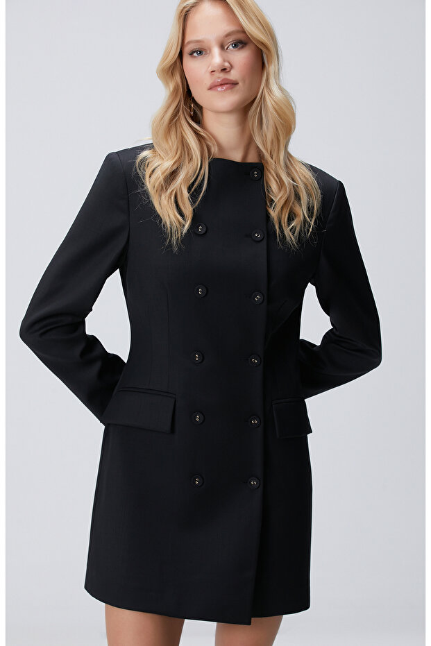 Siyah Mini Yün Elbise - 2