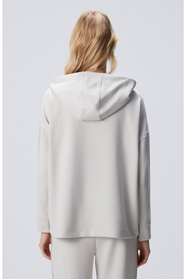Bej Kapüşonlu Triko Garnili Sweatshirt - 5