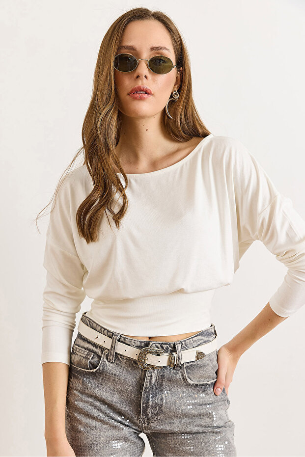 Women's Ecru Waist-Tied Batwing Soft Textured Blouse Blz-19003171