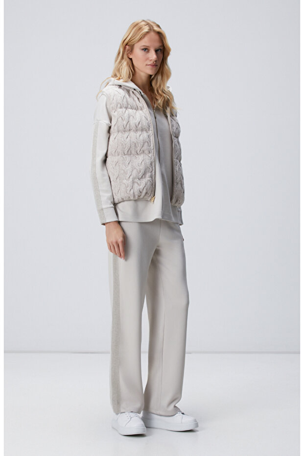 Bej Kapüşonlu Triko Garnili Sweatshirt - 3