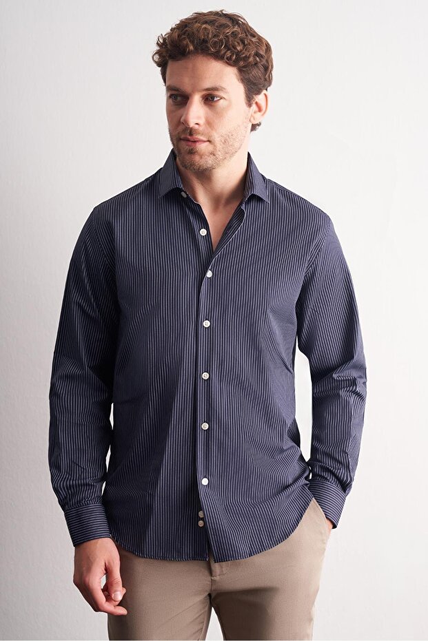 Navy Blue-White Half Italian Collar Striped Pattern Long Sleeve Slim Fit Cotton Shirt 1004255179