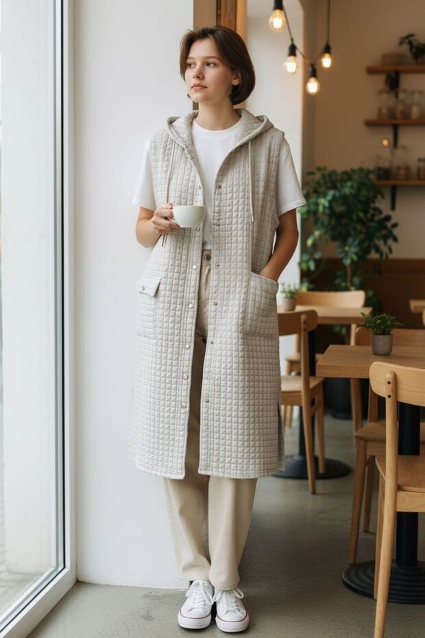 Kapitone Kapüşonlu Yelek - 1