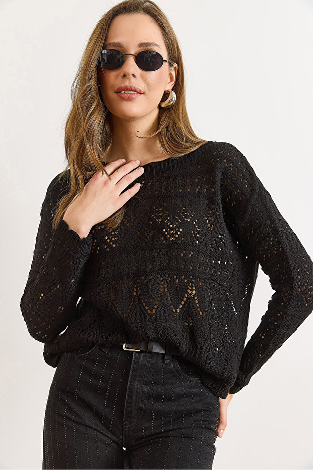 Women's Black Geometric Openwork Detailed Knitwear Sweater Kzk-19001044
