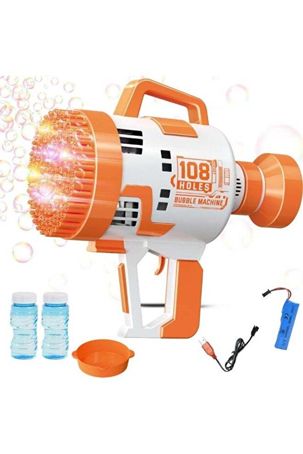 108-Hole Bubble Machine Gun with LED Lights, USB Battery, 2 Bubble Solutions & Tray – Orange/White