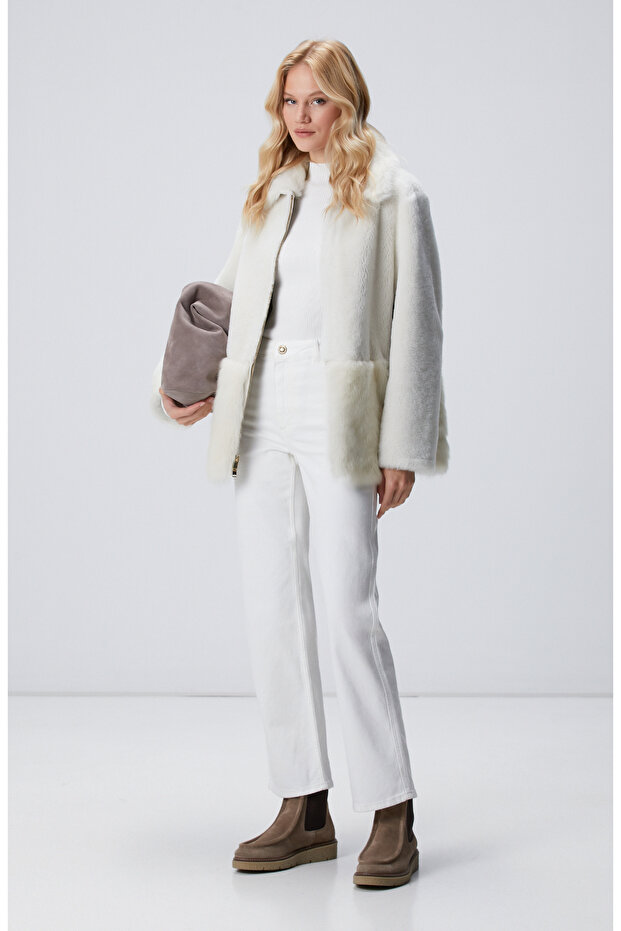 Kırık Beyaz Örgülü Dik Yaka Rayon Basic Kazak - 3