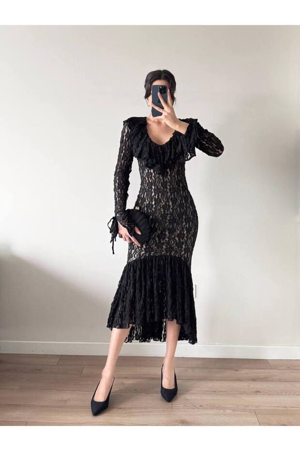 Women's Black Lace Dress with Ruffled Collar and Hem