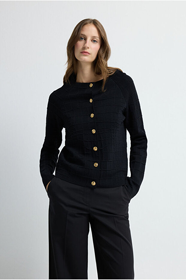 Dik Yaka Triko Hırka - 1