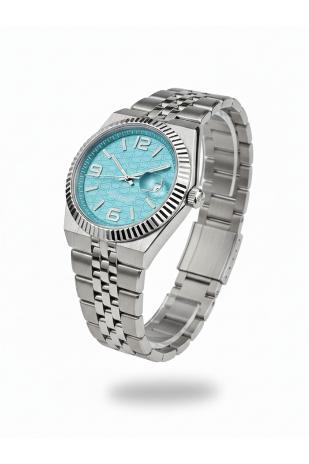 Hex Pattern Date Quartz Movement Stainless Steel Men's Watch