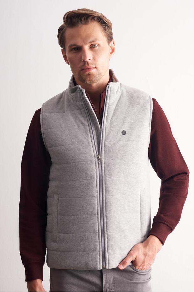 Gray Mock Neck Zippered Casual Slim Fit Quilted Vest 1009255103