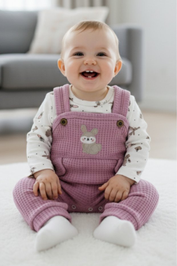 Cotton Rabbit Motif Waffle Fabric Baby Girl Children's 3-Piece Jumpsuit 3 Months, 6 Months, 9 Months