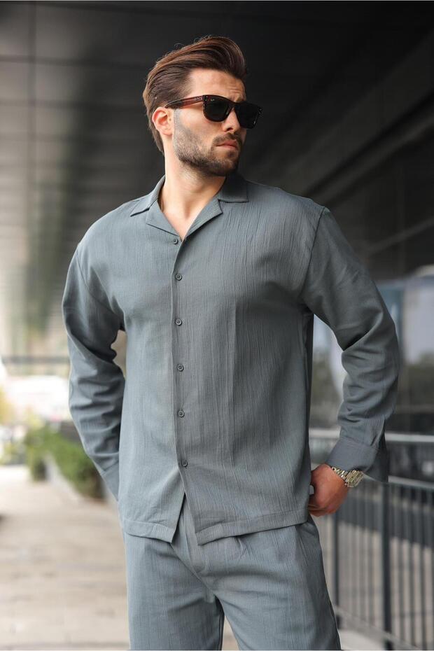 طقم قميص وبنطلون رجالي أساسي بأزرار مدخنة E7335 - 2