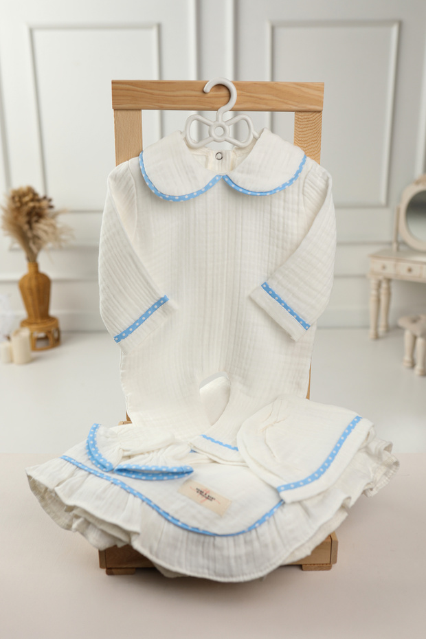 4-Piece Muslin Hospital Release Set Blue Polka Dot – 100% Cotton, 0-3 Months