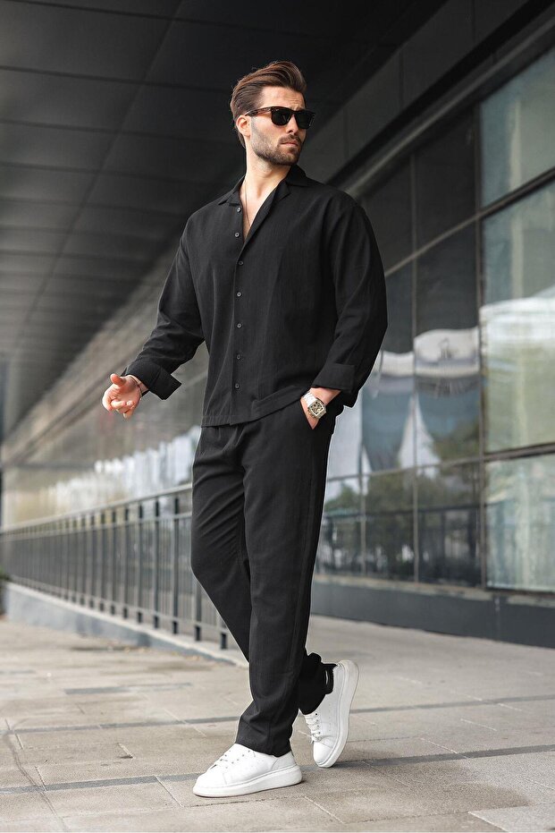 طقم قميص وبنطلون أساسي للرجال بأزرار سوداء E7335 - 1