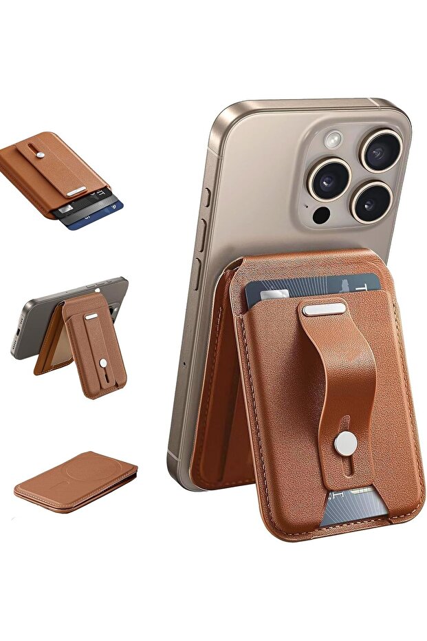 Magnetic MagSafe Wallet Stand with Grip Loop - Compatible with iPhone 12/13/14/15 (Brown)