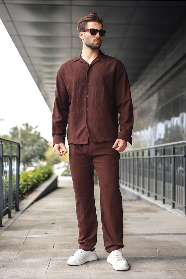 Brown Buttoned Basic Men's Shirt Pants Set E7335 - 3