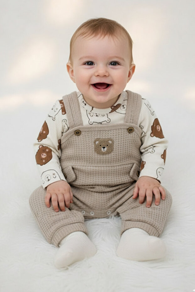 Cotton Teddy Bear Motif Waffle Fabric Baby Boy 3-Piece Romper 3 Months, 6 Months, 9 Months