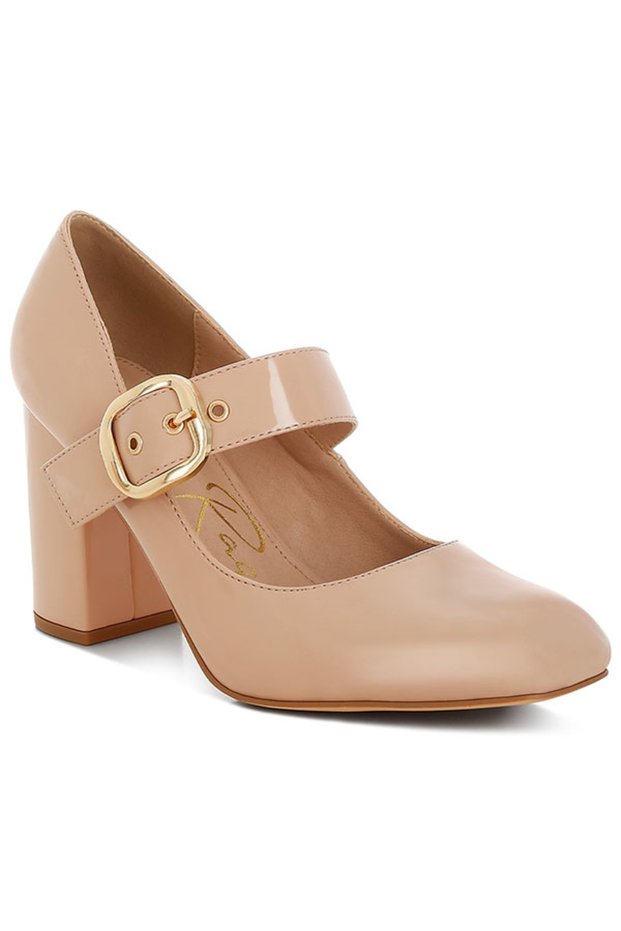 Women Block Heel Mary Jane Sandals in Beige