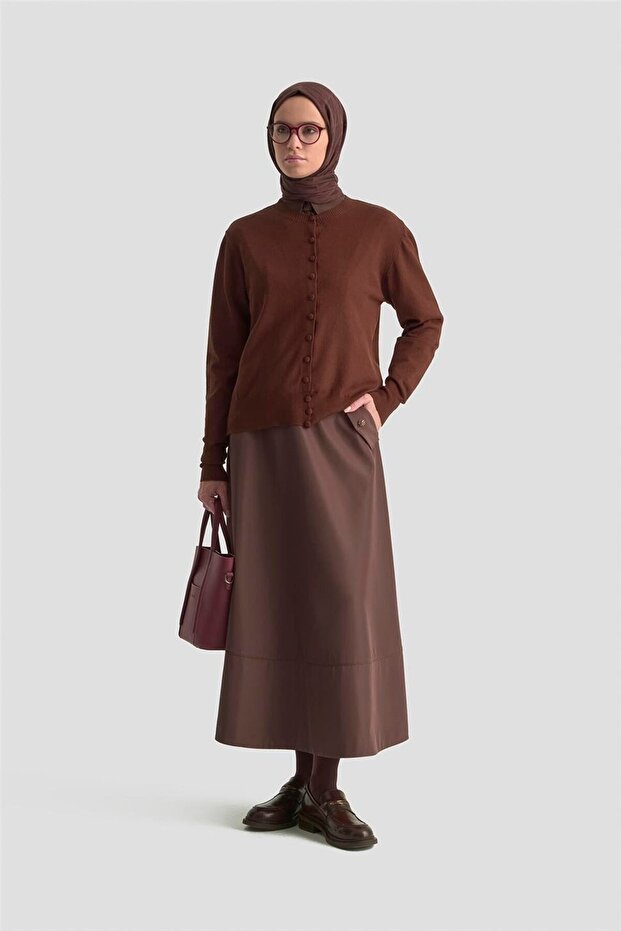 Button Detailed Basic Cardigan 25Kd7012 Brown - 1