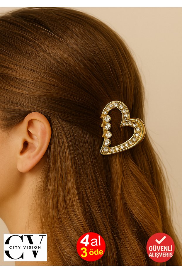 Stone Detailed Heart Shaped Metal Hair Clip 4 cm – Elegant and Sparkling Design