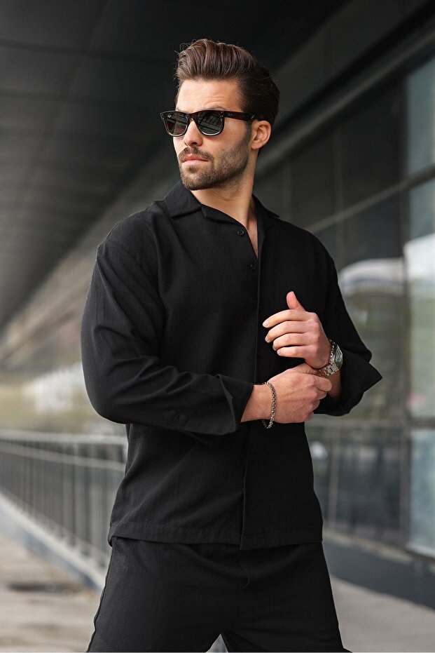 طقم قميص وبنطلون أساسي للرجال بأزرار سوداء E7335 - 2