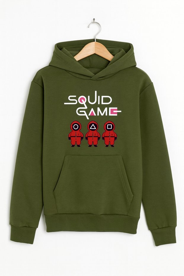 Unisex Hooded Sweatshirt'Squid Game' Character and Symbol Printed 3 Thread Rasterized