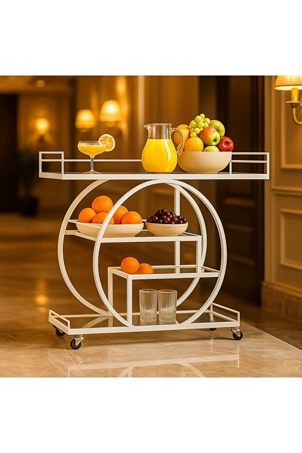 FFD Clear Glass Serving Cart - Modern 3-Tier Bar Cart (White, 100CM)