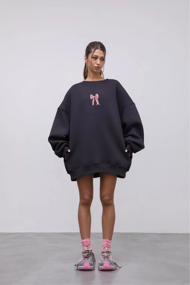 Women's Oversized Sweat Dress Pink Ribbon Printed Smoked – Crew Neck, 3 Thread Ş Fleece-Lined Fleece
