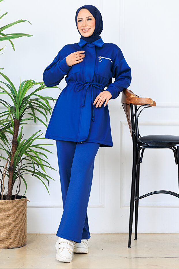 Drawstring Waist Zippered Scuba Suit N5329 Indigo