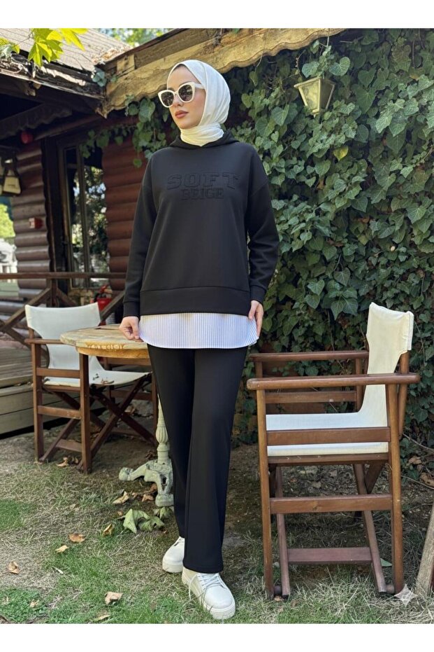 APLİKE NAKIŞLI KAPÜŞONLU MODAL TAKIM - 1