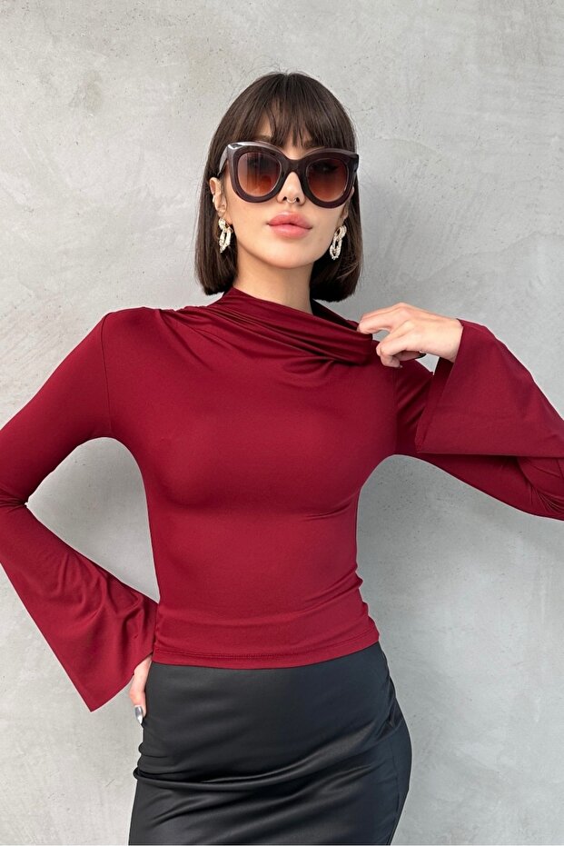 Mock Neck Ruched Detail Spanish Sleeve Slim Fit Knitwear Look Blouse