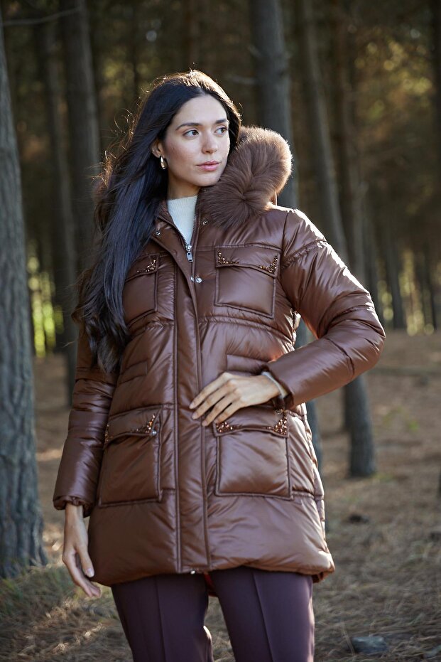 TAŞ İŞLEMELİ KÜRKLÜ ŞİŞME MONT - 4