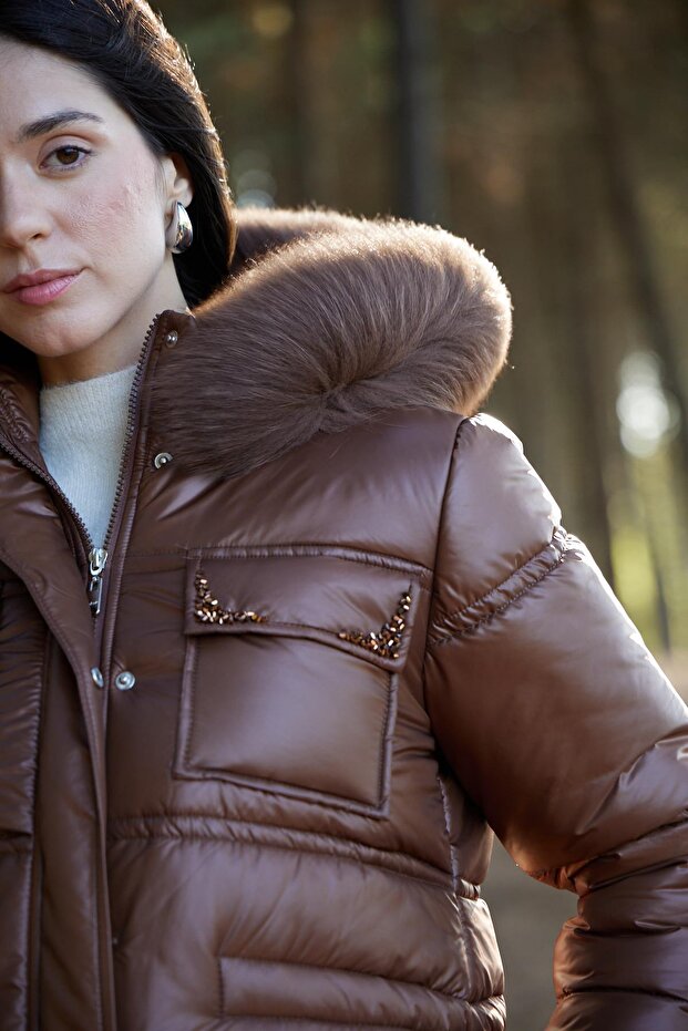 TAŞ İŞLEMELİ KÜRKLÜ ŞİŞME MONT - 6