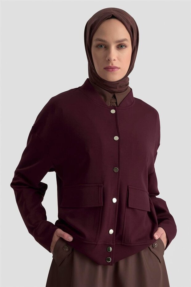 Zımbalı Örme Ceket 25KD4032 Mürdüm - 1