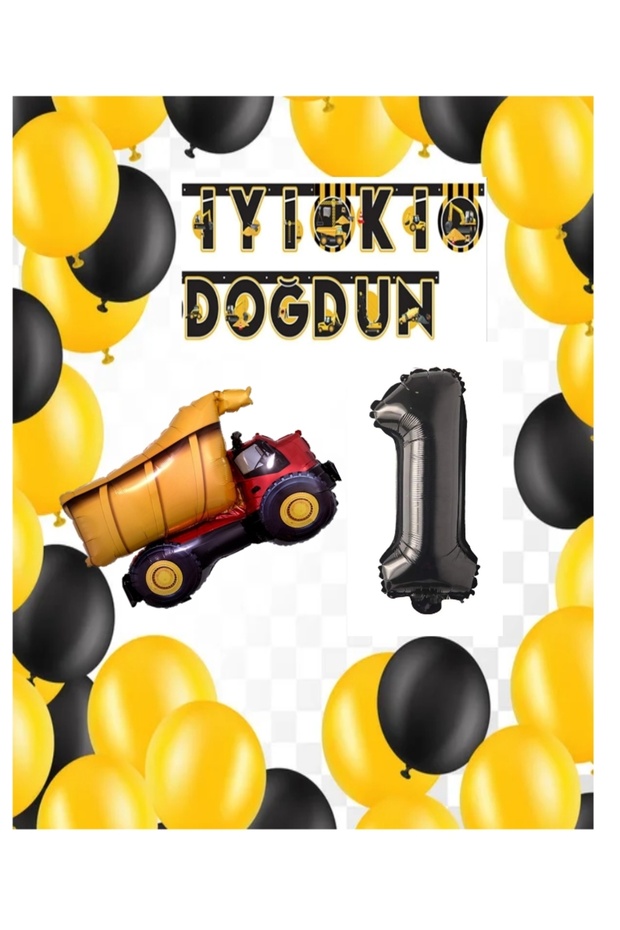 Construction Themed Birthday Banner Truck Balloon Set Black Age 1