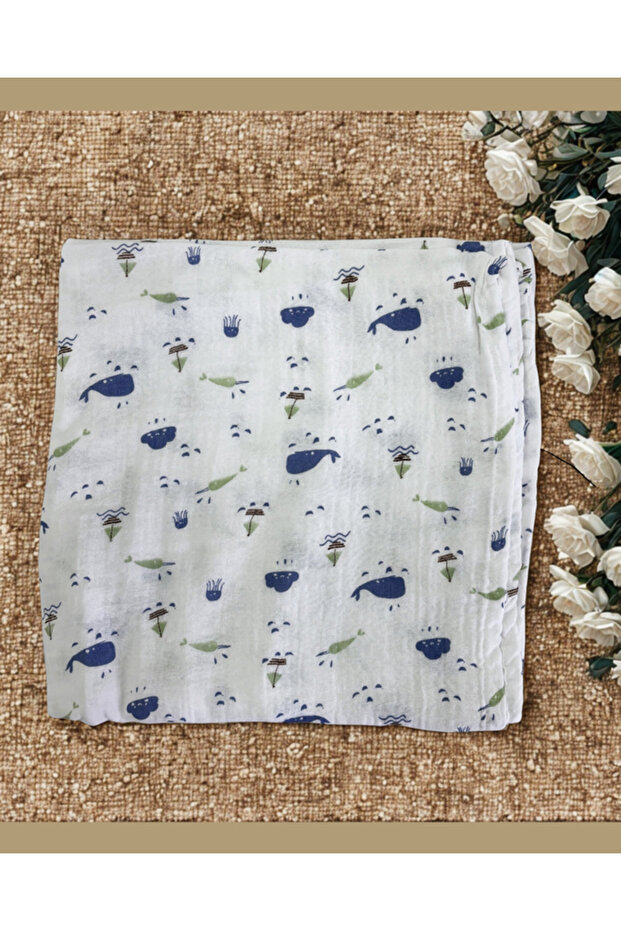 100% Muslin Cotton Soft Whale Pattern Baby Swaddles 2 Layered (110*110) Cozy Infant Baby Essential