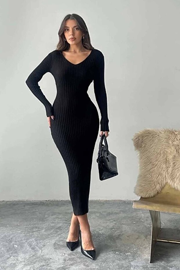 Kadın Triko Fitilli Elbise SIYAH - 1