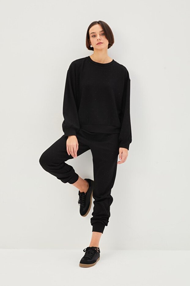 Taşlı Bisiklet Yaka Siyah Örme Sweatshirt - 7