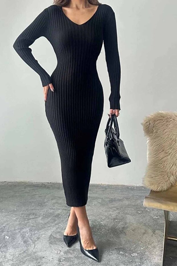 Kadın Triko Fitilli Elbise SIYAH - 3