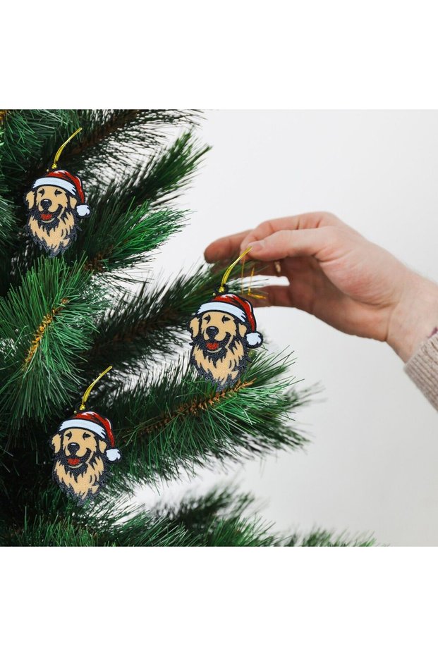 Golden Retriever Dog with Christmas Hat - Pine Tree Ornament Set of 3