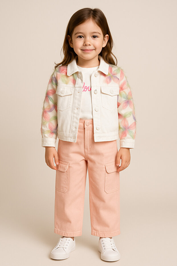 Cichlid Girls' 3-Piece Set Floral Print Denim Jacket, Soft Canvas Cargo Pants and Sweatshirt