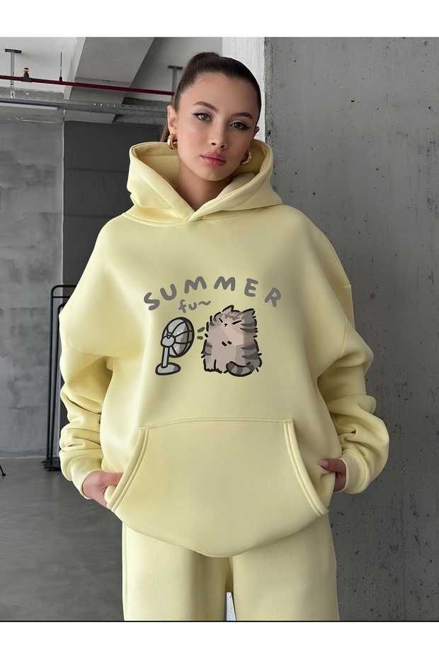 Women's Hooded Summer Cat Printed Oversized Sweatshirt Yellow
