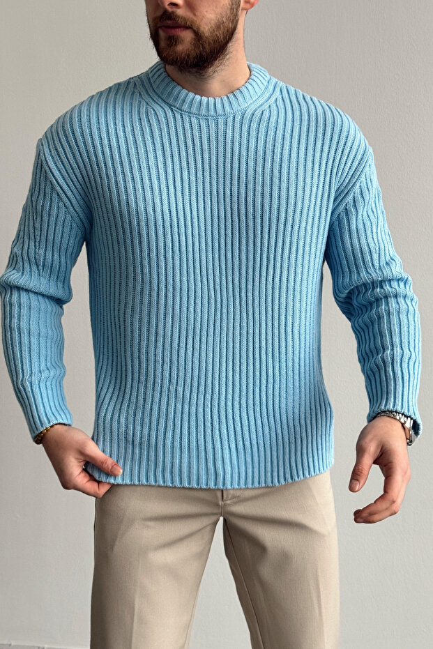 Erkek Mavi Fitilli Örme Regular Triko Kazak - 4