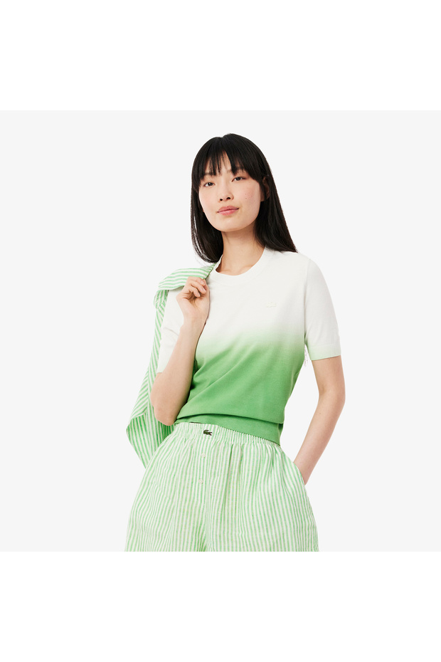 Kadın Classic Fit Kısa Kollu Bisiklet Yaka Renk Bloklu Yeşil Triko - 1
