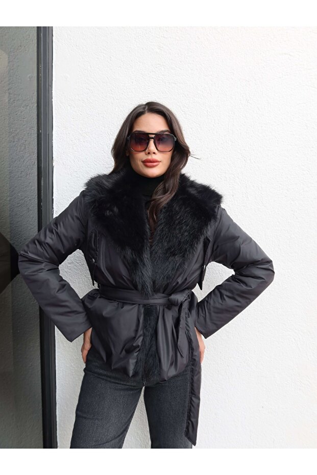 Collar Faux Fur Tie-Up Coat