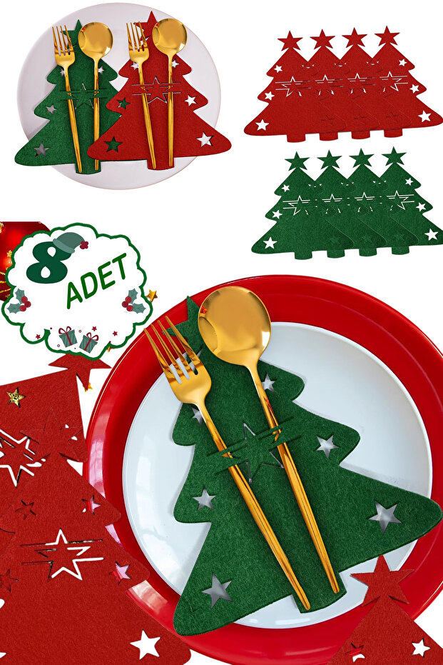 8 Pieces Christmas Table Decoration Ornament Pine Tree Cutlery Holder Christmas Conceptual Red Green